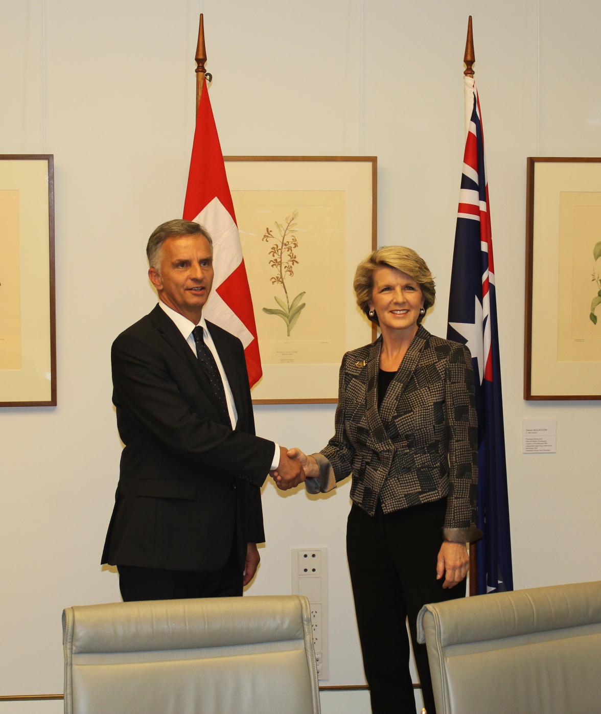 Foreign Minister Julie Bishop and Swiss Foreign Minister Didier Burkhalter sign an Memorandum of Understanding in Canberra.

October 2013