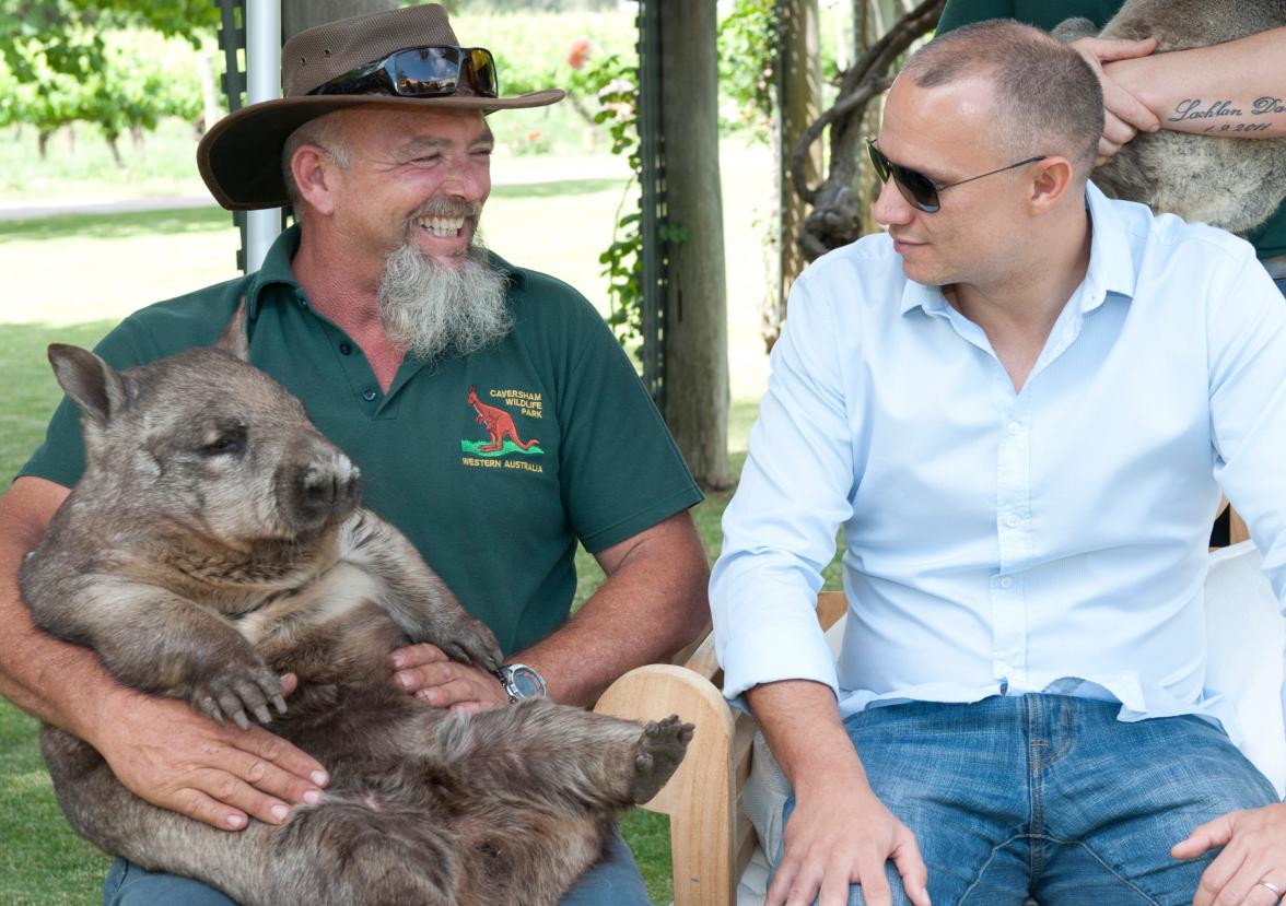 Jean-Paul Adam, Minister for Foreign Affairs, Seychelles with a wombat from Caversham Wildlife Park.

1 November 2013