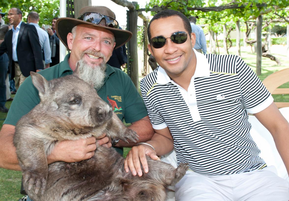 Ulrich Andriantiana, Minister of Foreign Affairs, Madagascar meets a wombat from Caversham Wildlife Park.

1 November 2013