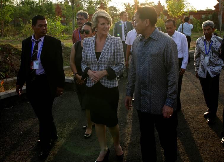 Australian Minister for Foreign Affairs Julie Bishop visits the Institute of Peace and Democracy in Bali, Indonesia on the afternoon of November 6, 2013. Ms Bishop planted a tree and was given a tour by former Indonesian Foreign Minister Hassan Wirajuda.