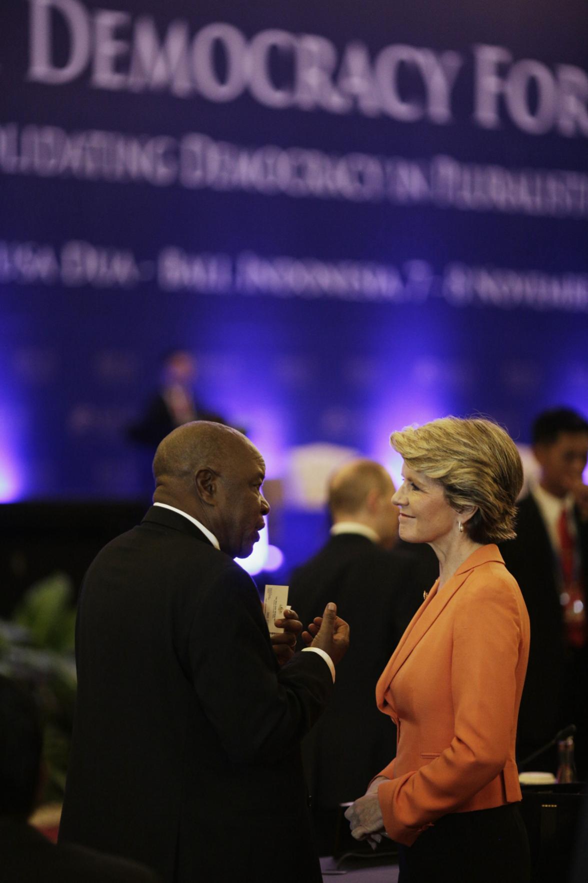 Australia's Foreign Minister Julie Bishop speaks with Deputy Minister of Foreign Affairs of Zimbabwe, Hon Christopher Mutsvangwa at the Bali Democracy Forum, 7 November 2013. Pic: Josh Estey/DFA