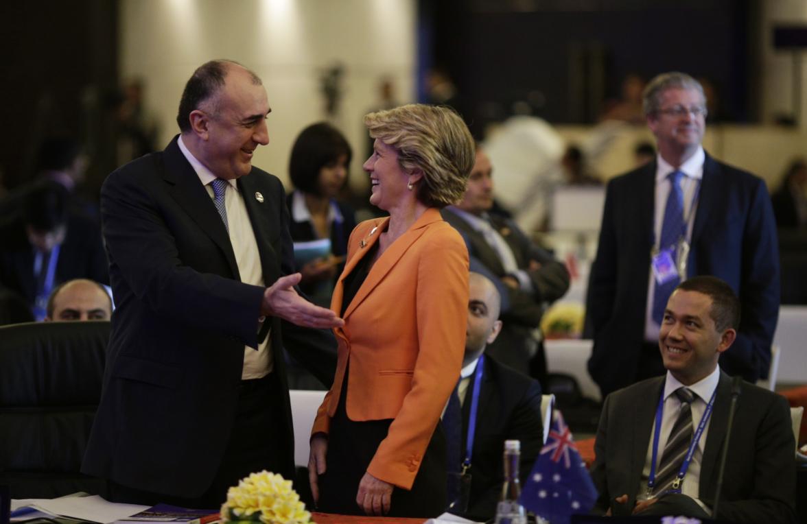 Australia's Foreign Minister Julie Bishop speaks with Foreign Minister of Azerbaijan, Elmar Mammadyarov at the Bali Democracy Forum, 7 November 2013. Pic: Josh Estey/DFA