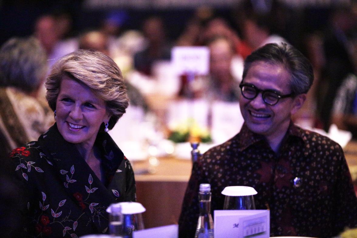 Australia's Foreign Minister Julie Bishop at a dinner hosted by Indonesia's Foreign Minister Marty Natalegawa, 7 November 2013. Pic: Josh Estey/DFA