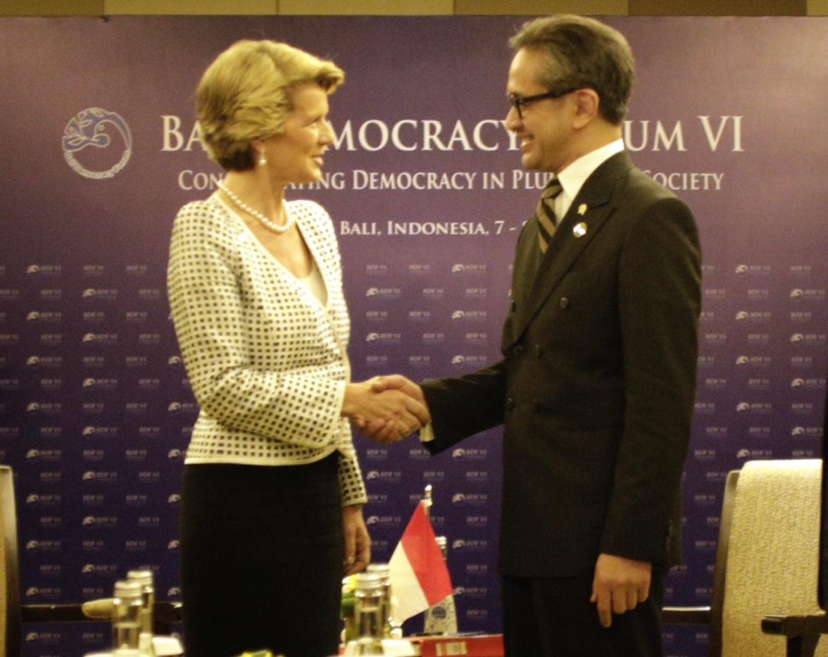 Australia's Foreign Minister Julie Bishop participates in a bilateral meeting with HE Dr Marty Natalegawa, Foreign Minister of Indonesia at the Bali Democracy Forum, 8 November 2013. Pic: Josh Estey/DFA