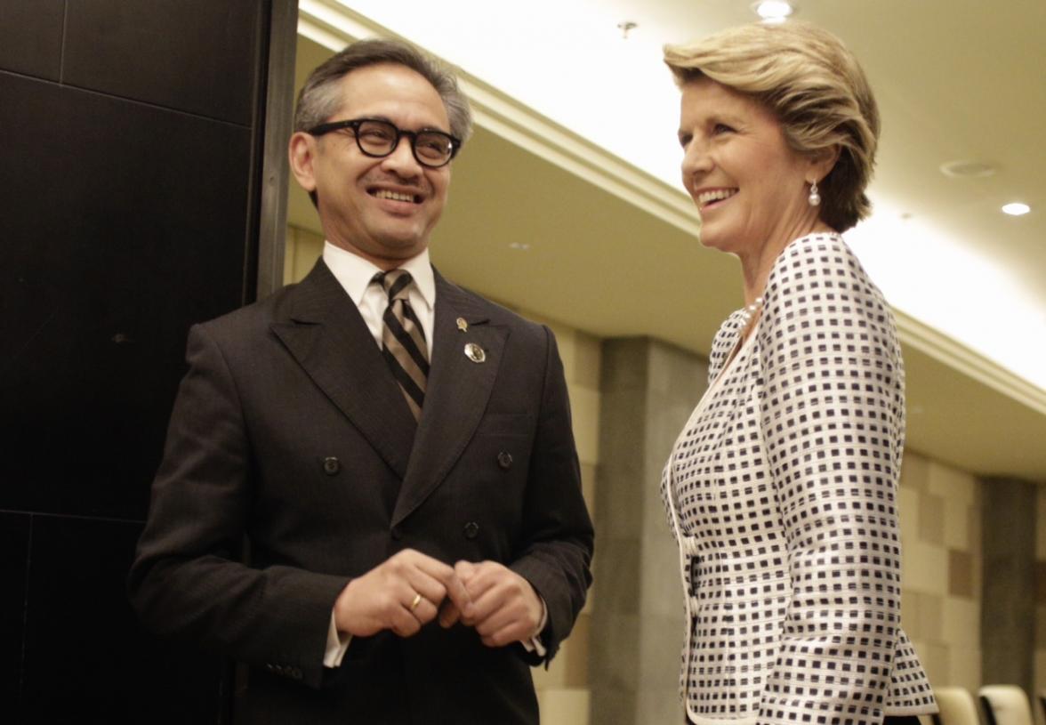 Australia's Foreign Minister Julie Bishop participates in a bilateral meeting with HE Dr Marty Natalegawa, Foreign Minister of Indonesia at the Bali Democracy Forum, 8 November 2013. Pic: Josh Estey/DFA