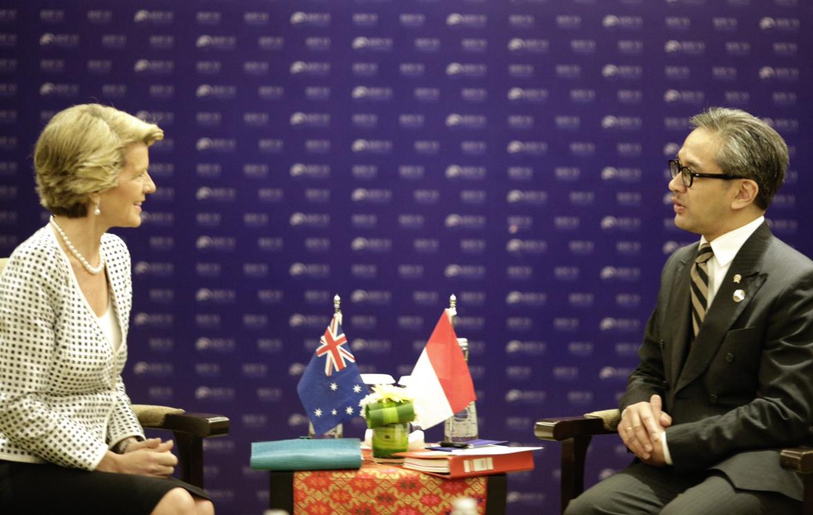 Australia's Foreign Minister Julie Bishop participates in a bilateral meeting with HE Dr Marty Natalegawa, Foreign Minister of Indonesia at the Bali Democracy Forum, 8 November 2013. Pic: Josh Estey/DFA