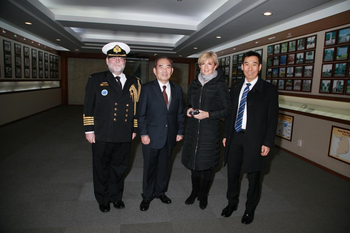 Foreign Minister Julie Bishop at the Memorabilia Hall with Australian Defence Attaché Captain Vaughn Rixon, UNMCK Custodian, Youn-Kwon Kim, and Ambassador James Choi.