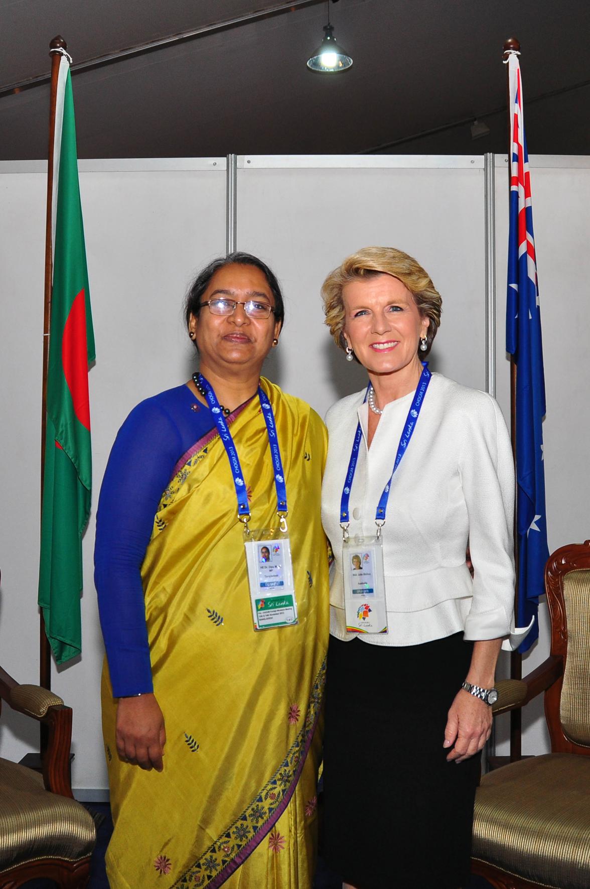 Australia's Foreign Minister Julie Bishop meets with the Foreign Minister for Bangladesh Dr Dipu Moni at CHOGM in Sri Lanka. November, 2013.