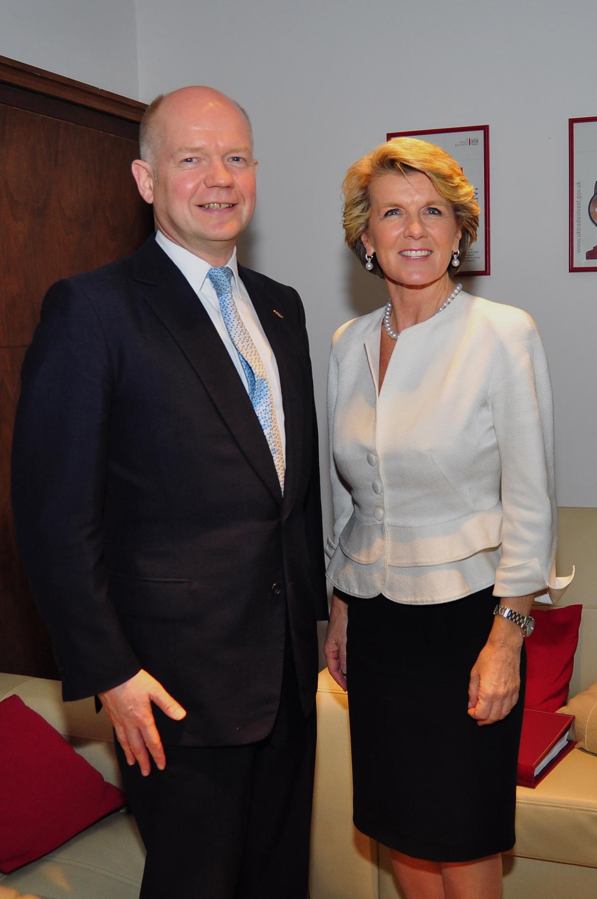 Foreign Minister Julie Bishop meeting William Hague, the Secretary of State for Foreign and Commonwealth Affairs, UK at the pre-CHOGM Foreign Ministers meeting.