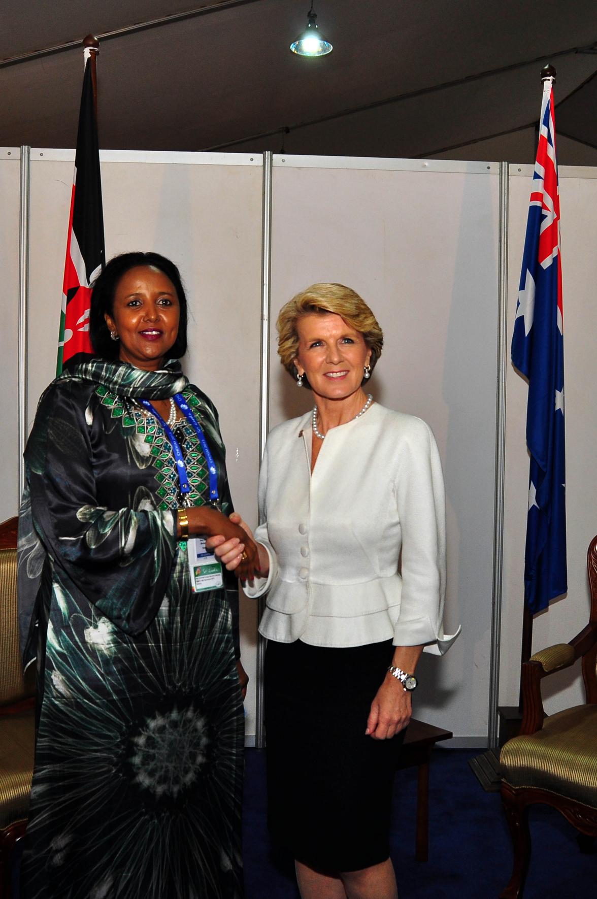 Foreign Minister Julie Bishop meeting Amina Mohamed, Cabinet Secretary, Ministry of Foreign Affairs and International Trade, Kenya at a pre-CHOGM Foreign Ministers meeting