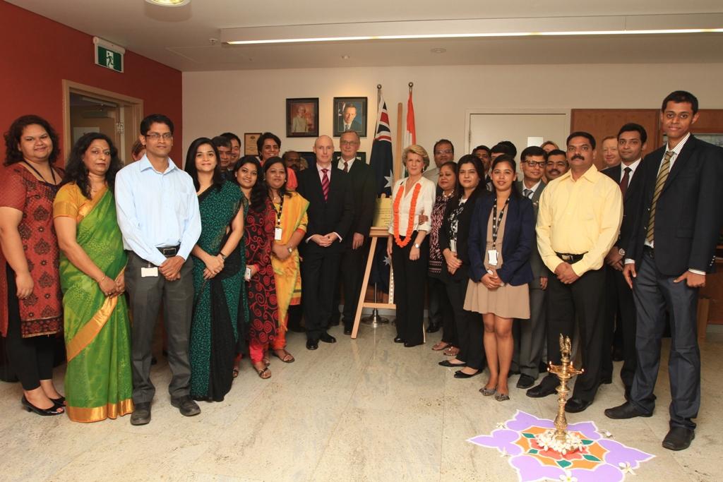 Foreign Minister Julie Bishop with the Australian Consulate and Austrade Mumbai staff. 16 November 2013