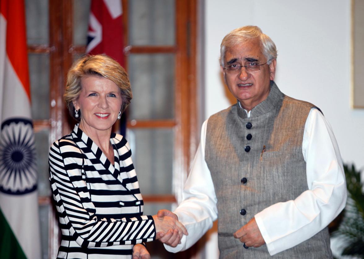 Ms Bishop with India’s External Affairs Minister Salman Khurshid at Hyderabad House, New Delhi.