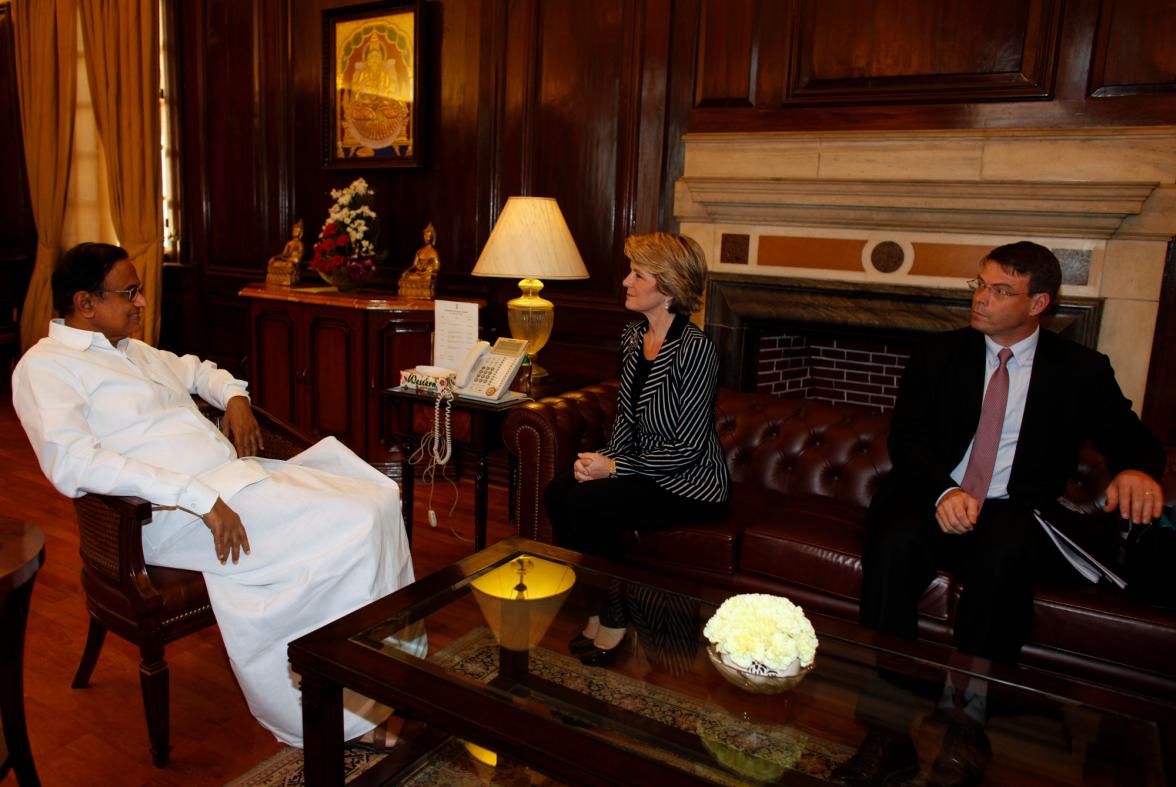 Australia’s Foreign Minister Julie Bishop meets Finance Minister Sri P. Chidambaram in New Delhi, along with Australia's High Commissioner to India Patrick Suckling.