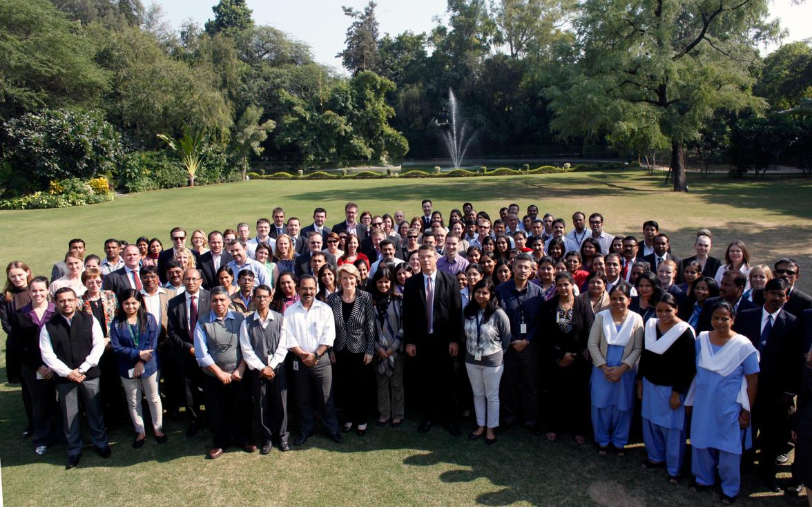 Ms Bishop in a group photo with staff at the Australian High Commission, New Delhi.