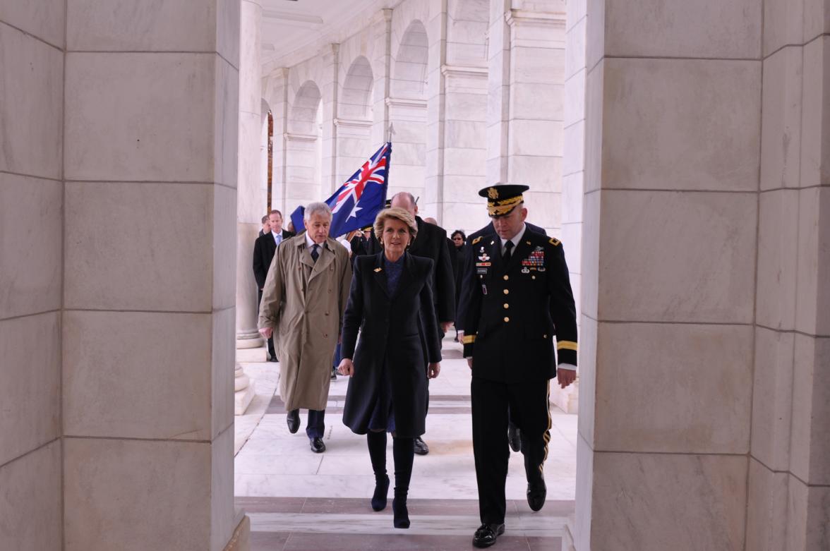 Foreign Minister Bishop with Defence Minister Johnston, Secretary Kerry and Secretary Hagel at the wreath laying ceremony, Arlington National Cemetery, Virginia, 20 Nov 2013.