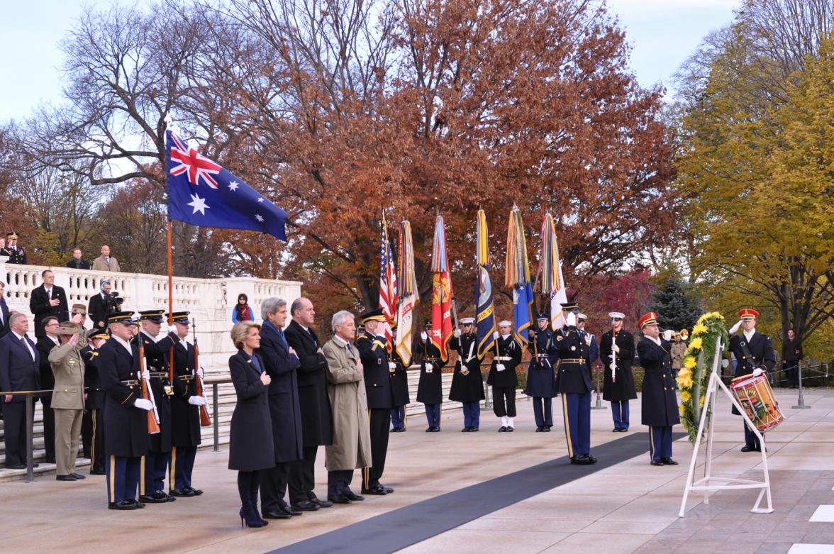 Foreign Minister Bishop with Defence Minister Johnston, Secretary Kerry and Secretary Hagel at the wreath laying ceremony, Arlington National Cemetery, Virginia, 20 Nov 2013.