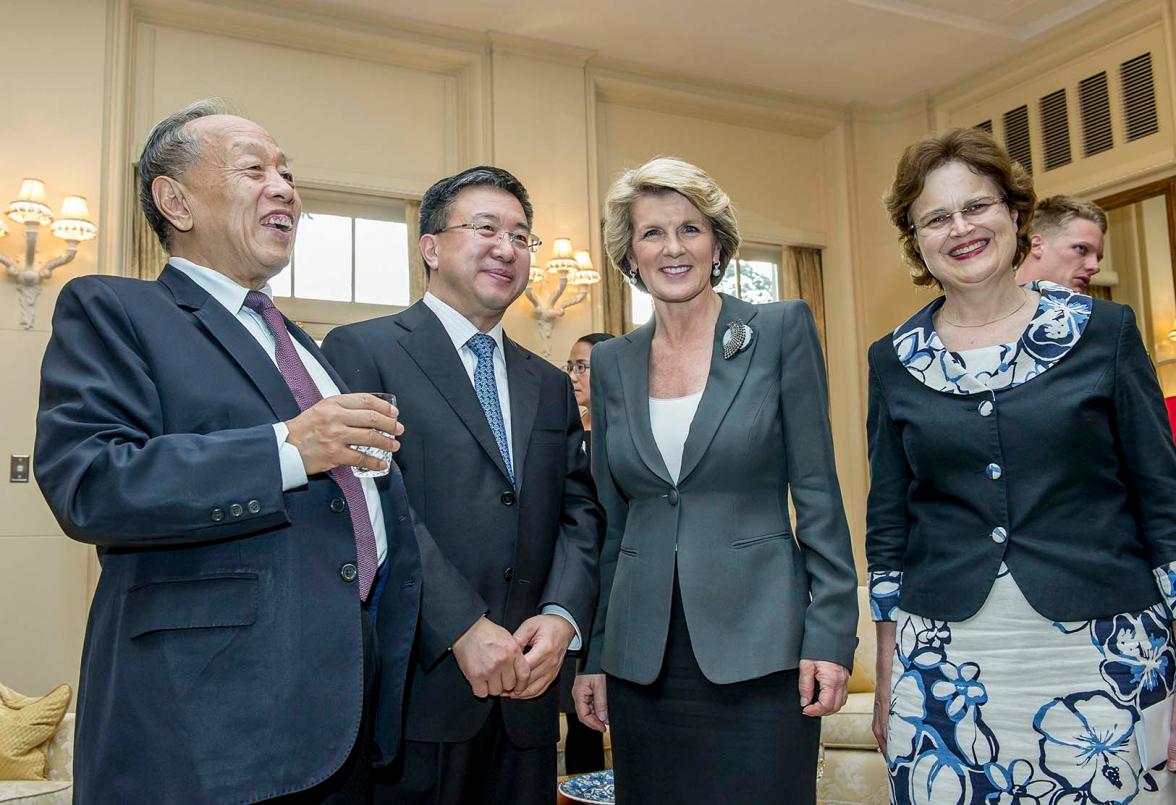 Former Chinese Foreign Minister Mr Li Zhaoxing, Chinese Ambassador to Australia, Mr Ma Zhaoxu, Foreign Minister Julie Bishop and Australian Ambassador to China, Frances Adamson. 28 November 2013.