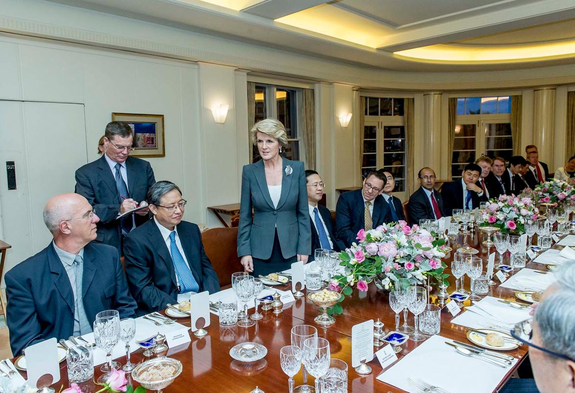 Foreign Minister Julie Bishop addressed the welcome dinner for the third Australia-China Forum at Government House. 28 November 2013.