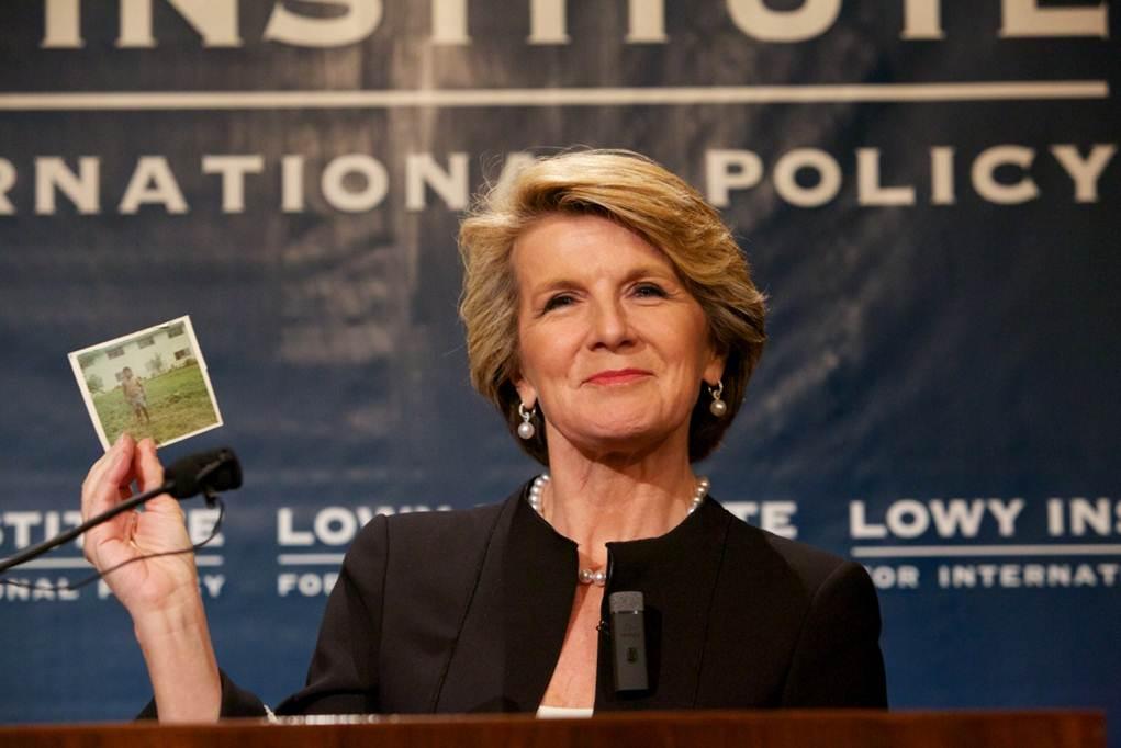 Foreign Minister Julie Bishop holds up a picture of her former Papua New Guinean pen pal, Oscar during a speech at the Lowy Institute. 26 November 2013.

Photo credit: Peter Morris, Sydney Heads