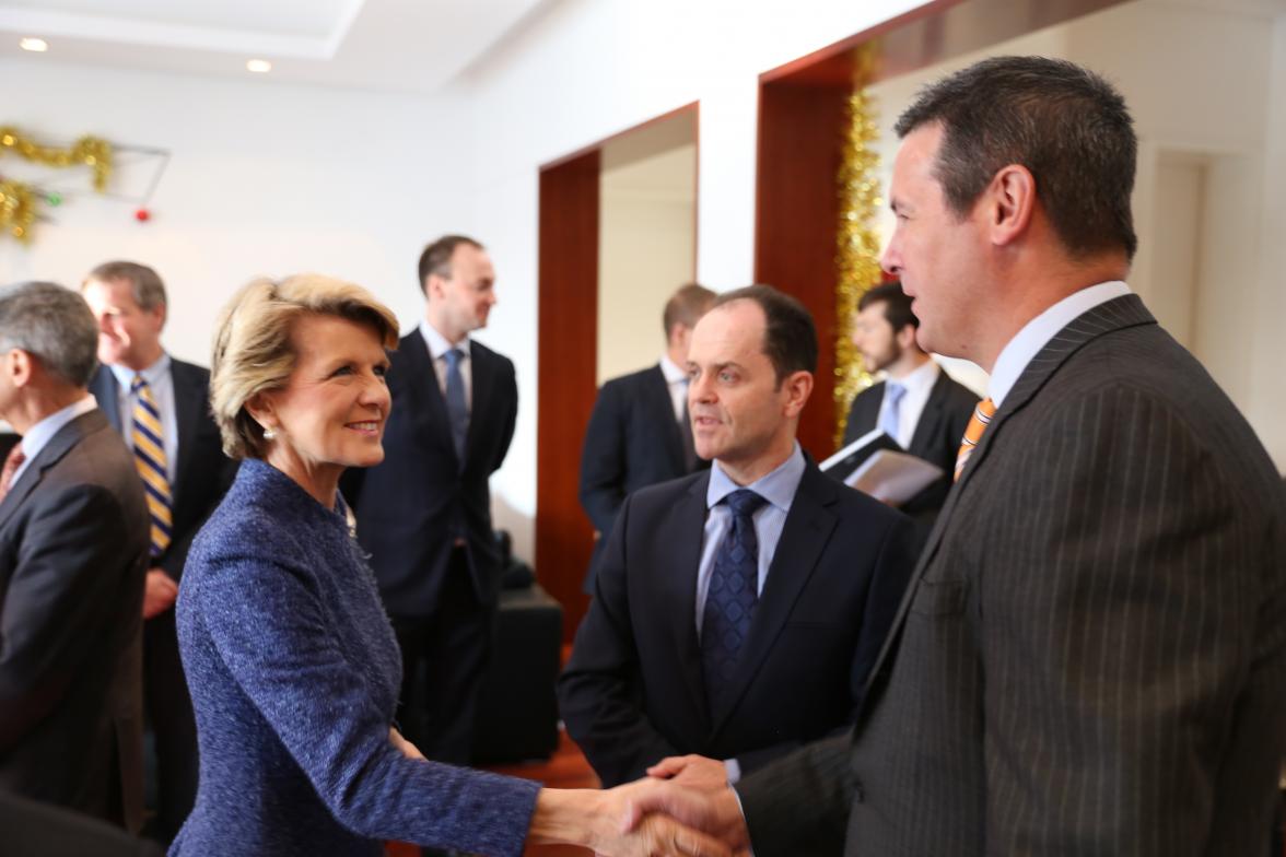 Foreign Minister Bishop meets Brendan Mason, Cochlear, accompanied by Alan Morrell Senior Trade Commissioner, Austrade. 6 December 2013