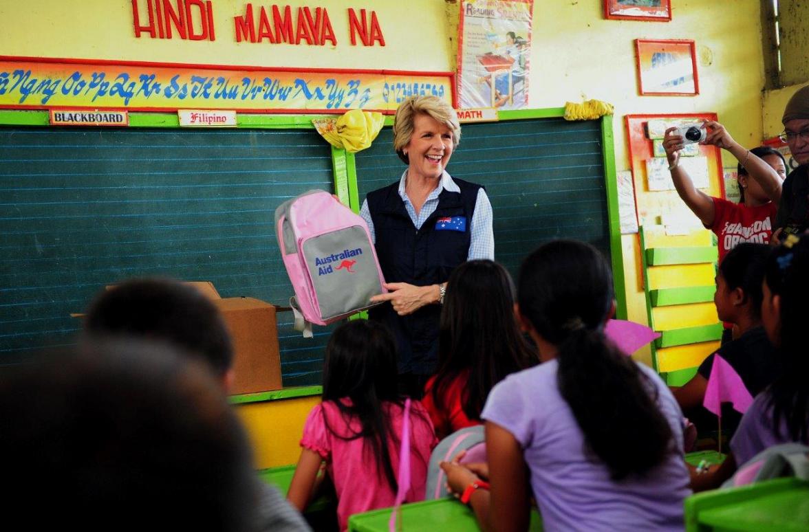 Ms Bishop at a school in Ormoc, Philippines. 8 December 2013
Credit ADF