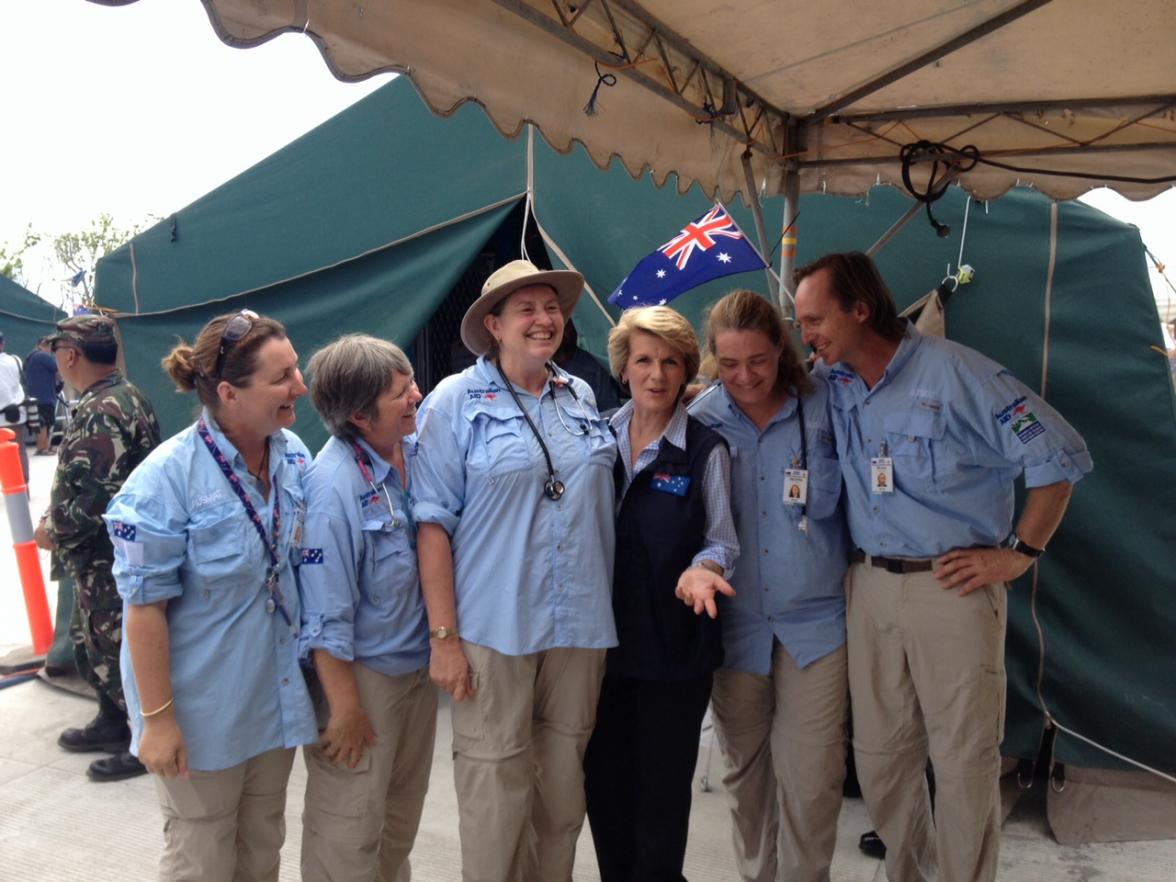 Australian Foreign Minister Julie Bishop thanks West Australians Elizabeth Harding (Nurse) Anne Coyne (midwife), Dr Helen Mead (Doctor) Jacinta O’Leary (Nurse) and Bruce Wicksteed (Paramedic/nurse) for their work in the field hospital in Tacloban. 8 Decem