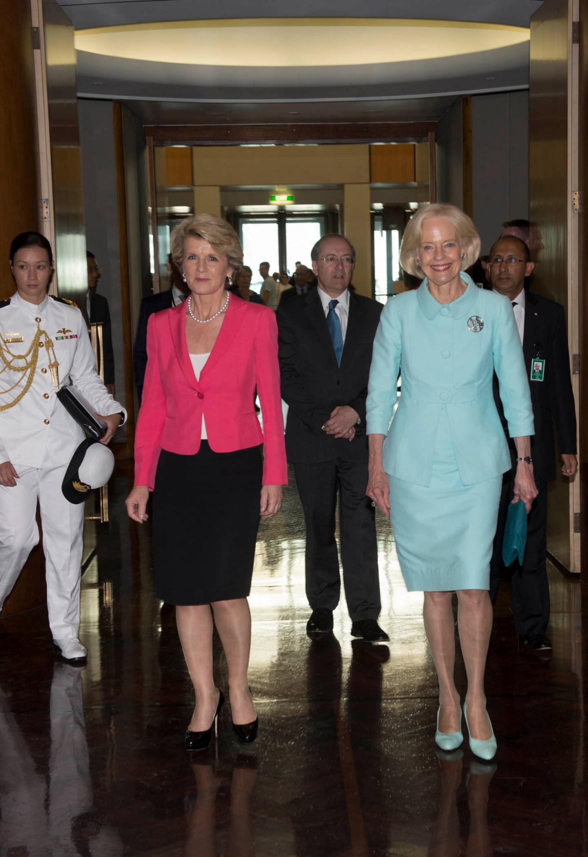 Foreign Minister Julie Bishop and the Governor-General Her Excellency the Honourable Quentin Bryce AC CVO arrive for the Launch of the New Colombo Plan at the Great Hall in Parliament House. 10 December 2013