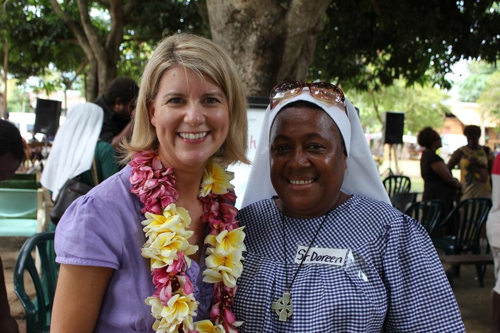 Australia’s Ambassador for Women and Girls Natasha Stott Despoja meets Sister Doreen at the Burns Creek village in Honiara (17 December 2013)