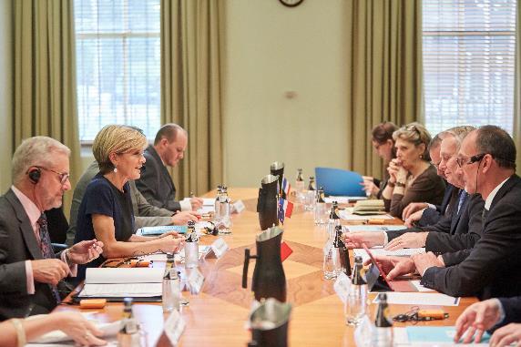 Foreign Minister Julie Bishop and French Foreign Minister HE Jean-Marc Ayrault commence bilateral talks in Melbourne, 3 March 2017. Photo credit: DFAT/ Kristian Gehradte