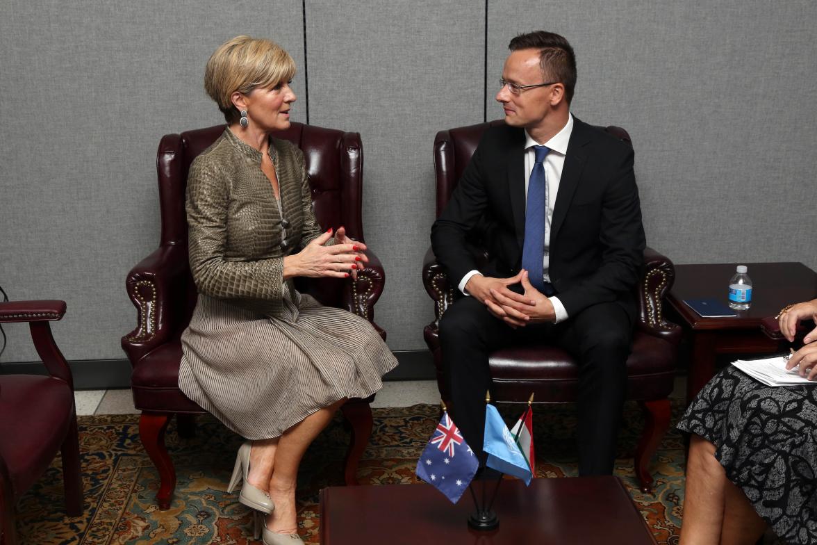 Australian Minister for Foreign Affairs Julie Bshop meeting with Bilateral Meeting with Mr Peter Szijjártó, Minister of Foreign Affairs and Trade of Hungary at UN Headquarters in New York, Monday September 19, 2016. photo by Trevor Collens/DFAT