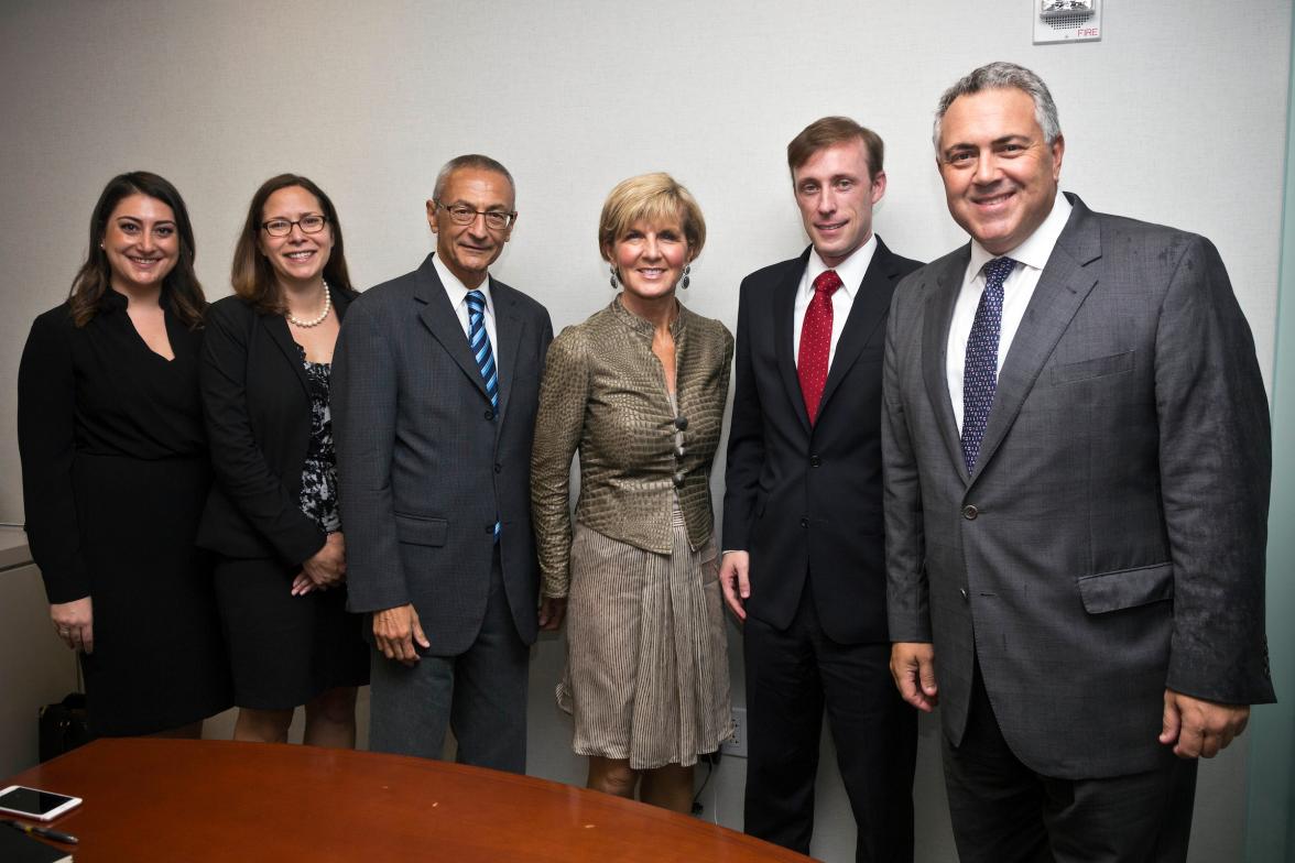 Foreign Minister Julie Bishop meets Hillary for America representatives including Mr John Podesta (third from left) and Mr Jake Sullivan (second from right), with Australian Ambassador to the United States Joe Hockey in New York on 19 September 2016.