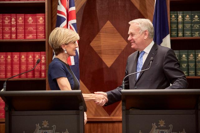 Foreign Minister Julie Bishop and French Foreign Minister HE Jean-Marc Ayrault hold a joint press conference after signing a Joint Statement of Enhanced Strategic Partnership between Australia and France and bilateral discussions in Melbourne, 3 March 201