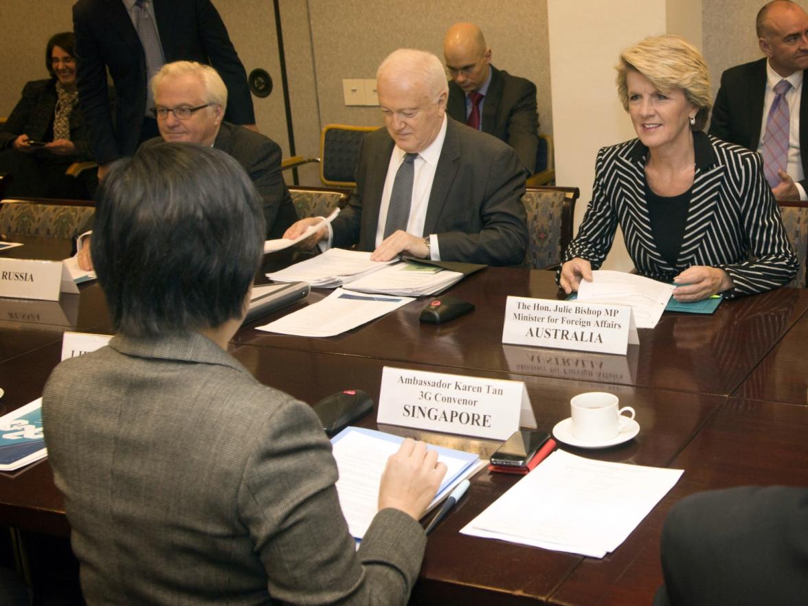 Foreign Minister, Julie Bishop, briefing members of the Global Governance Group on Australia's G20 priorities at the Permanent Mission of Singapore to the UN. To her right are Amb Gary Quinlan and Amb Vitaly Churkin (Russia).   23 January 2014   (Credit: