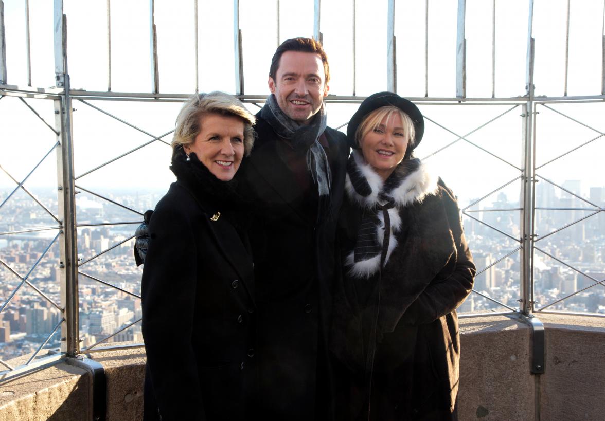 New York 24 Jan, 2014. Hugh Jackman and Debra-Lee Furness with Australian Foreign Minister Julie Bishop during an event at the Empire State Building which will be lit green and gold to celebrate Australia Day. photo by Trevor Collens.