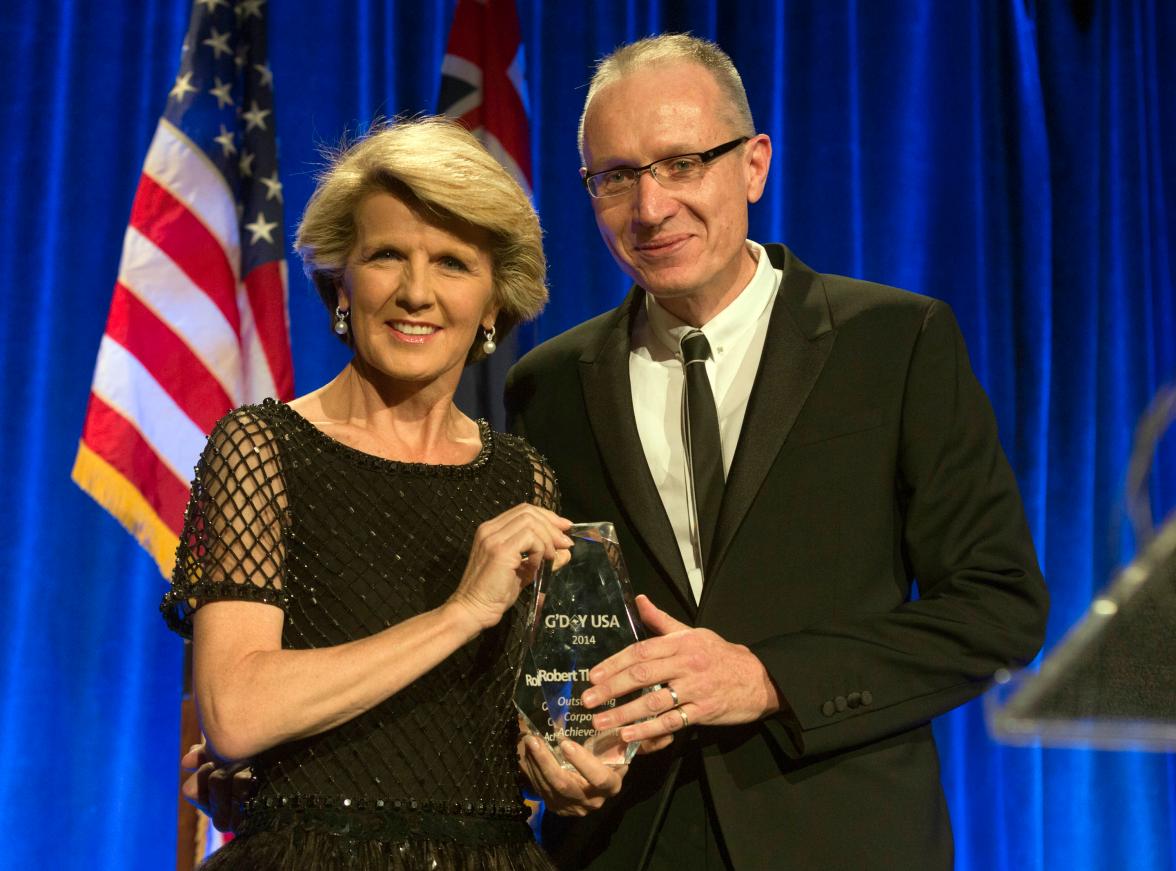 New York, Jan 24, 2014. Australian Foreign Minister Julie Bishop with honoree Roert Thomson at the G'Day USA black tie gala. photo by Trevor Collens