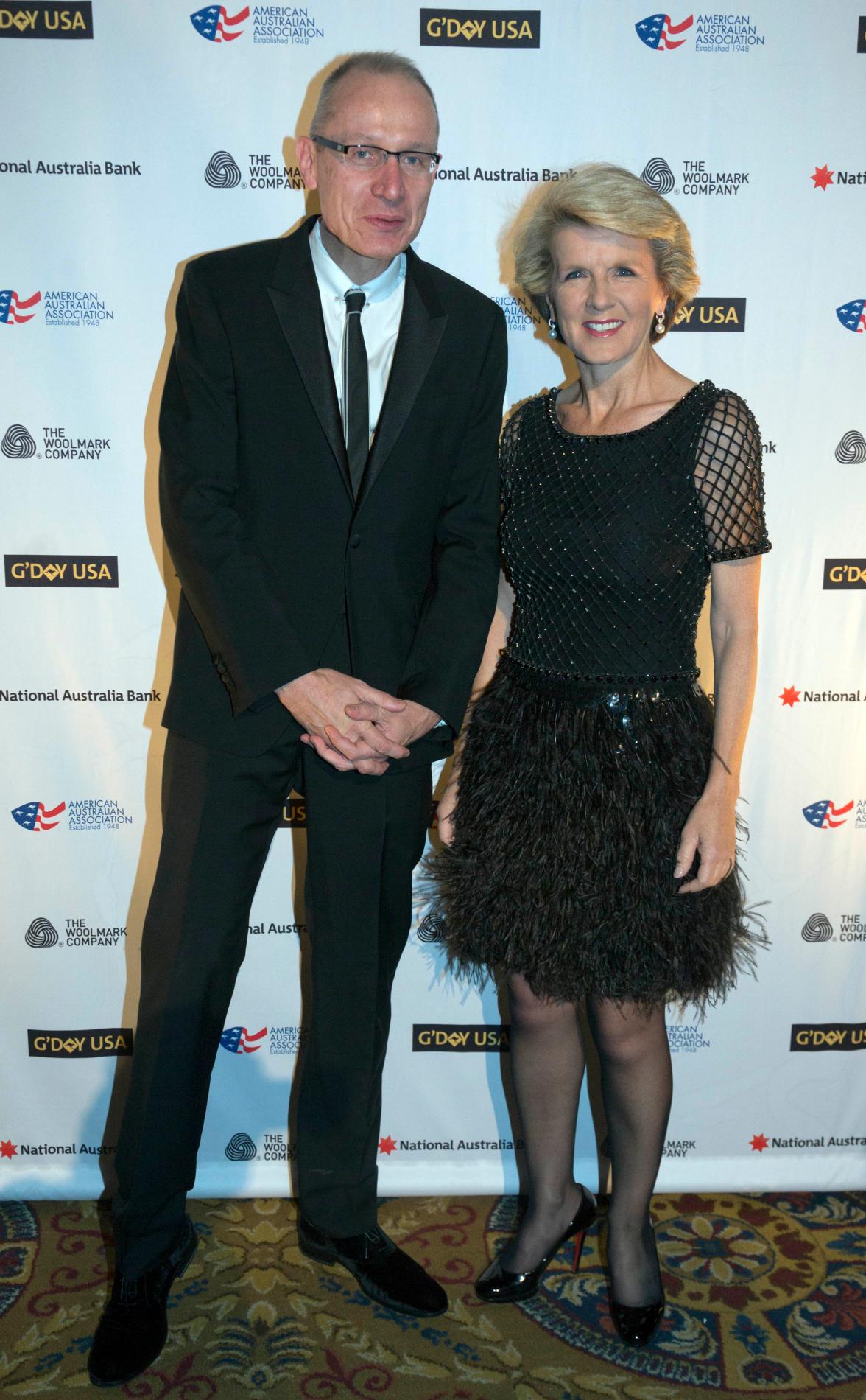 New York, Jan 24, 2014. Australian Foreign Minister Julie Bishop with honoree Roert Thomson at the G'Day USA black tie gala. photo by Trevor Collens