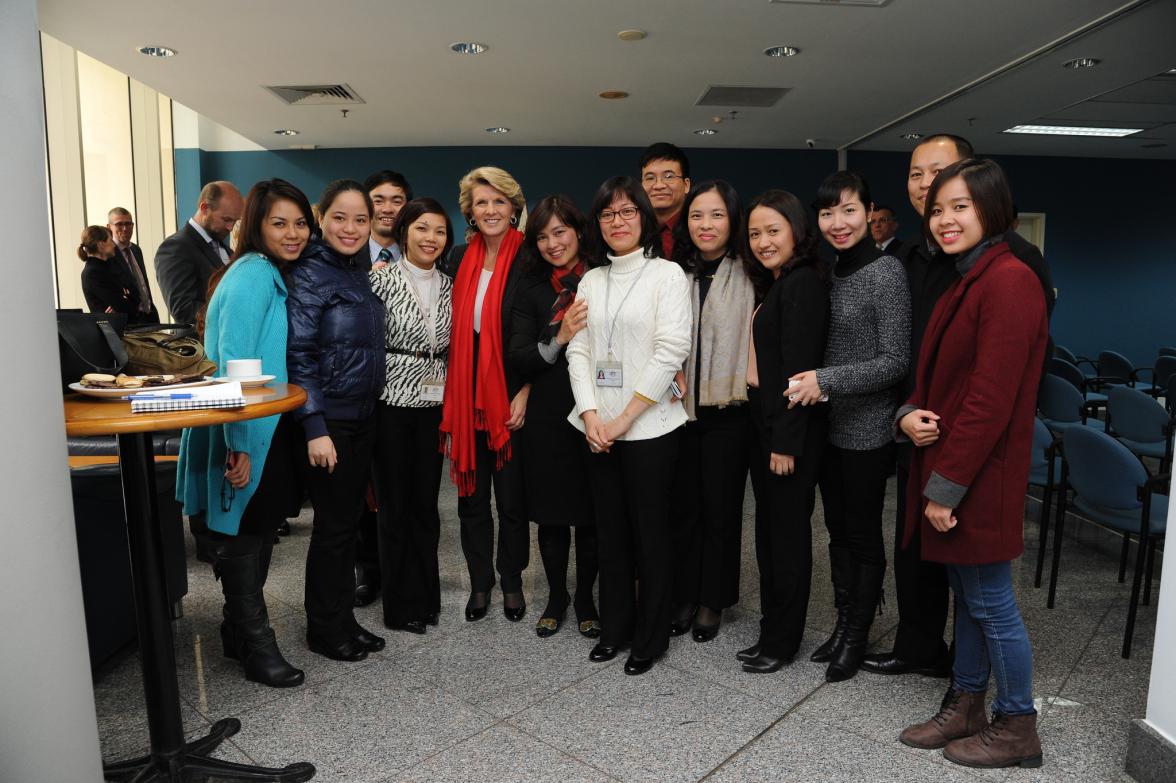 Australian Foreign Minister Julie Bishop and Australian Embassy staff in Hanoi pose for a group photo on 19 February 2014.