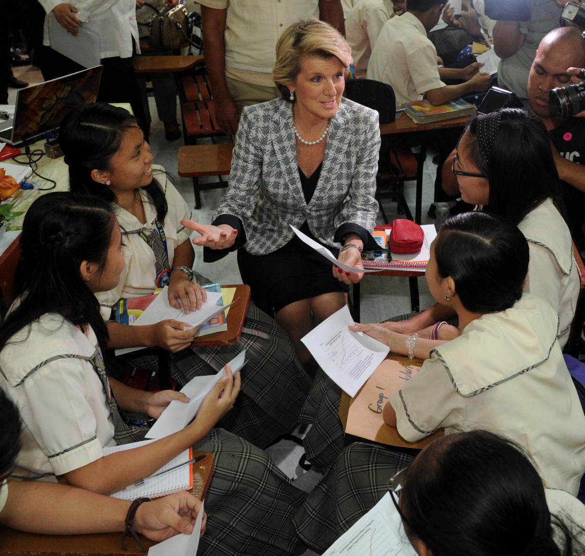 Hon Julie Bishop MP, Minister for Foreign Affairs, spends some time with the students of Neptali Gonzales High School in Mandaluyong City, during the launch of the Basic Education Sector Transformation (BEST) Program on 21 February 2014. Ms Bishop announc