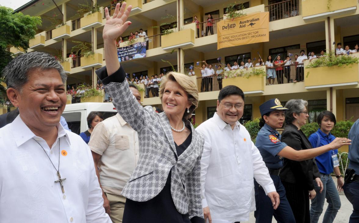 Hon Julie Bishop MP, Minister for Foreign Affairs (center), greets the students of Neptali Gonzales High School, during the launch of the Basic Education Sector Transformation (BEST) Program. Ms Bishop announced a new funding assistance for education tota