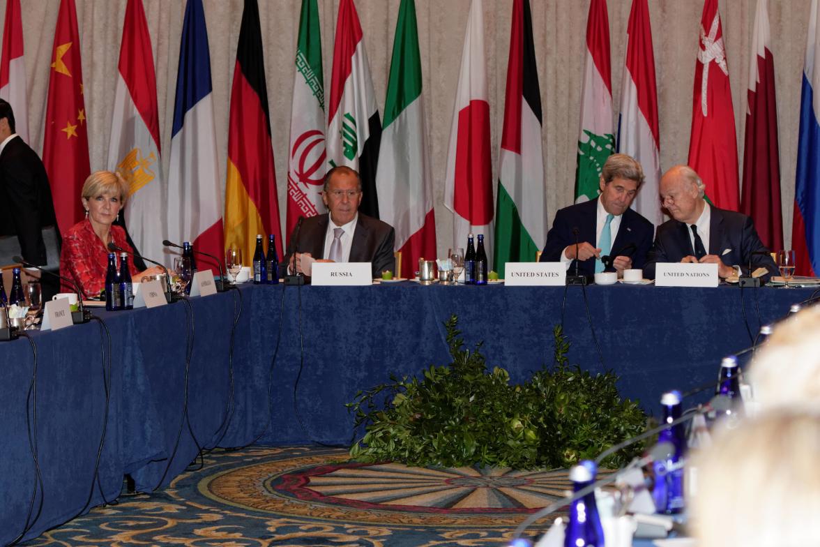 Australian Minister for Foreign Affairs Julie Bishop attends the International Syria Support Group Ministerial Meeting co-hosted by US Secretary of State John Kerry (R) and Russian Foreign Minister Sergey Lavrov (c) in New York,Tuesday September 20, 2016.