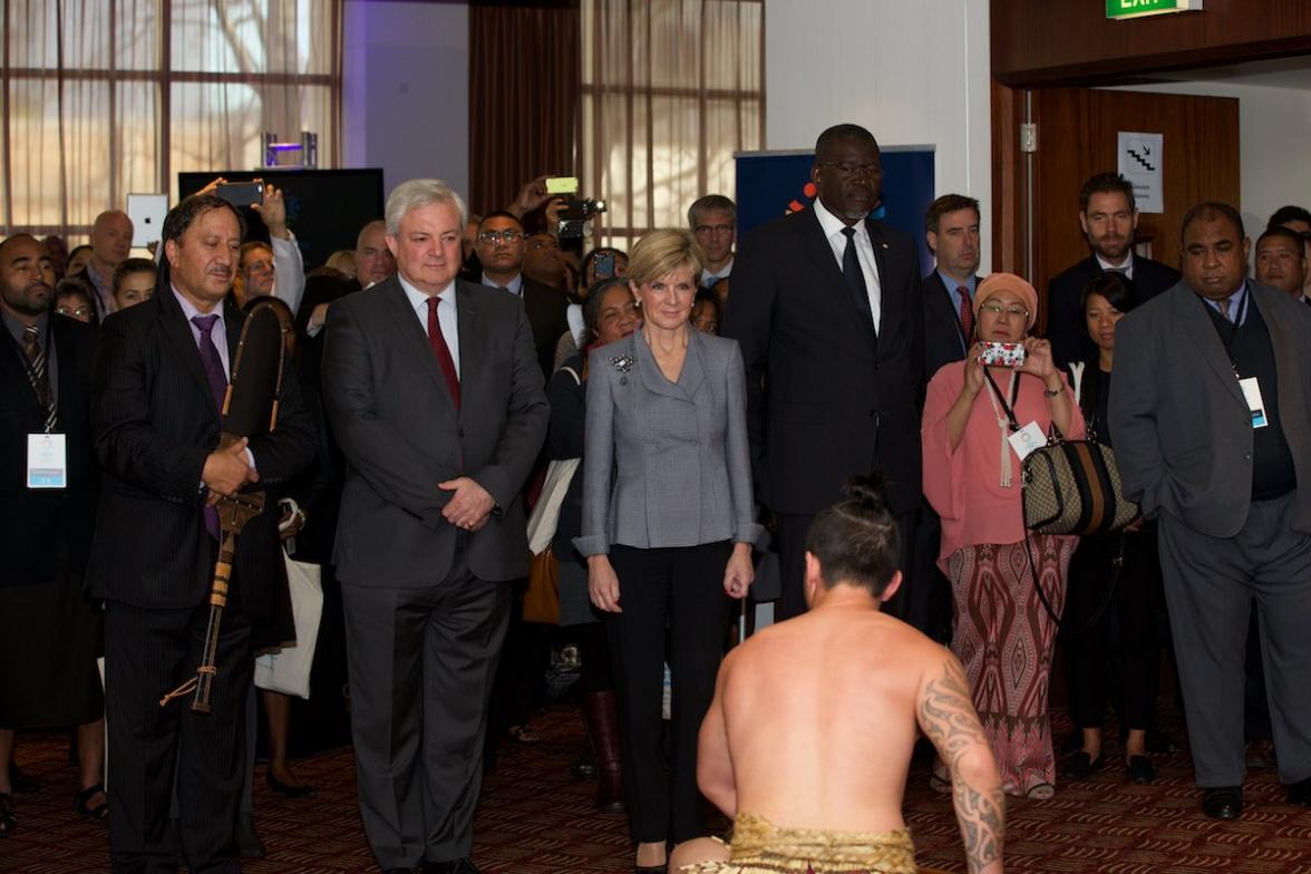 Australia's Foreign Minister Julie Bishop and other dignitaries entering the Pōwhiri (Welcoming ceremony) of the World Humanitarian Summit Pacific Regional Consultation in Auckland. 30 June 2015.