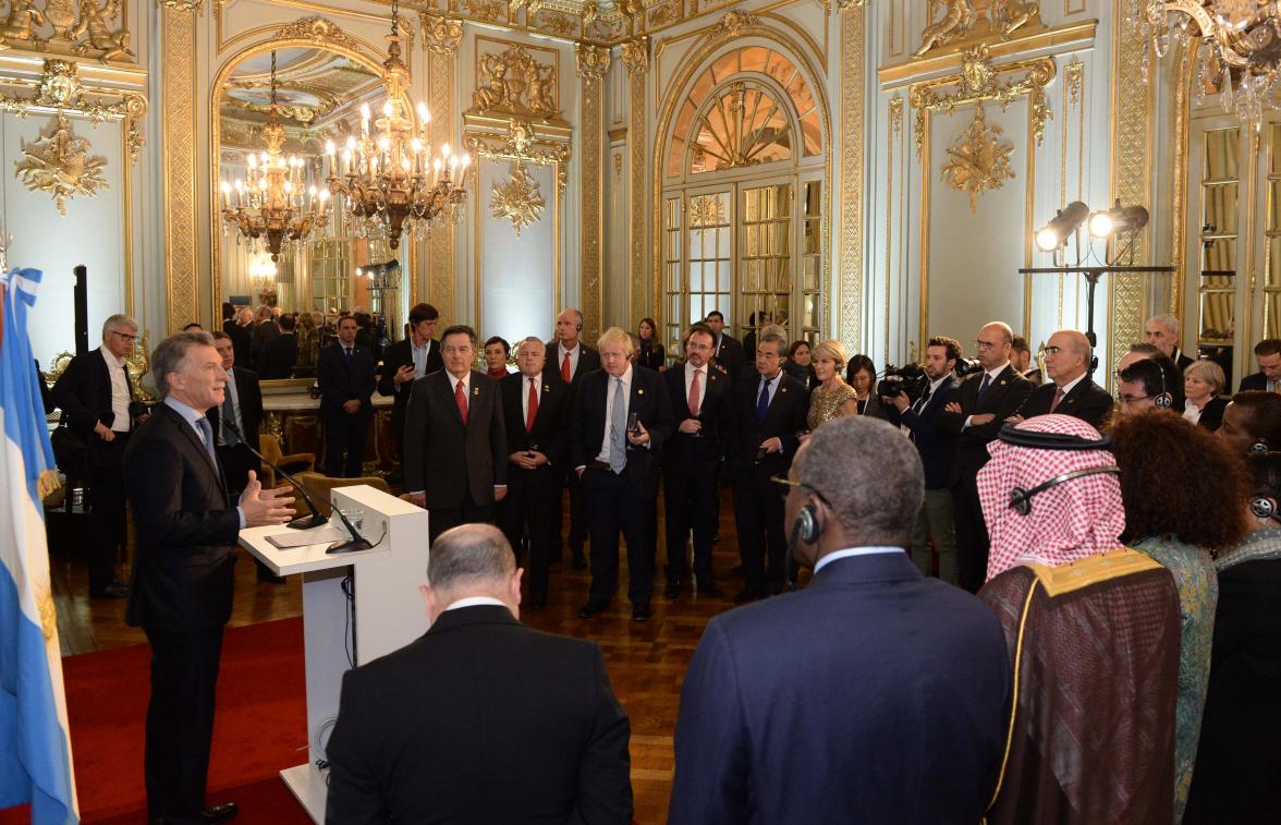 Argentine President Mauricio Macri addresses the representatives of G20 countries and invited countries