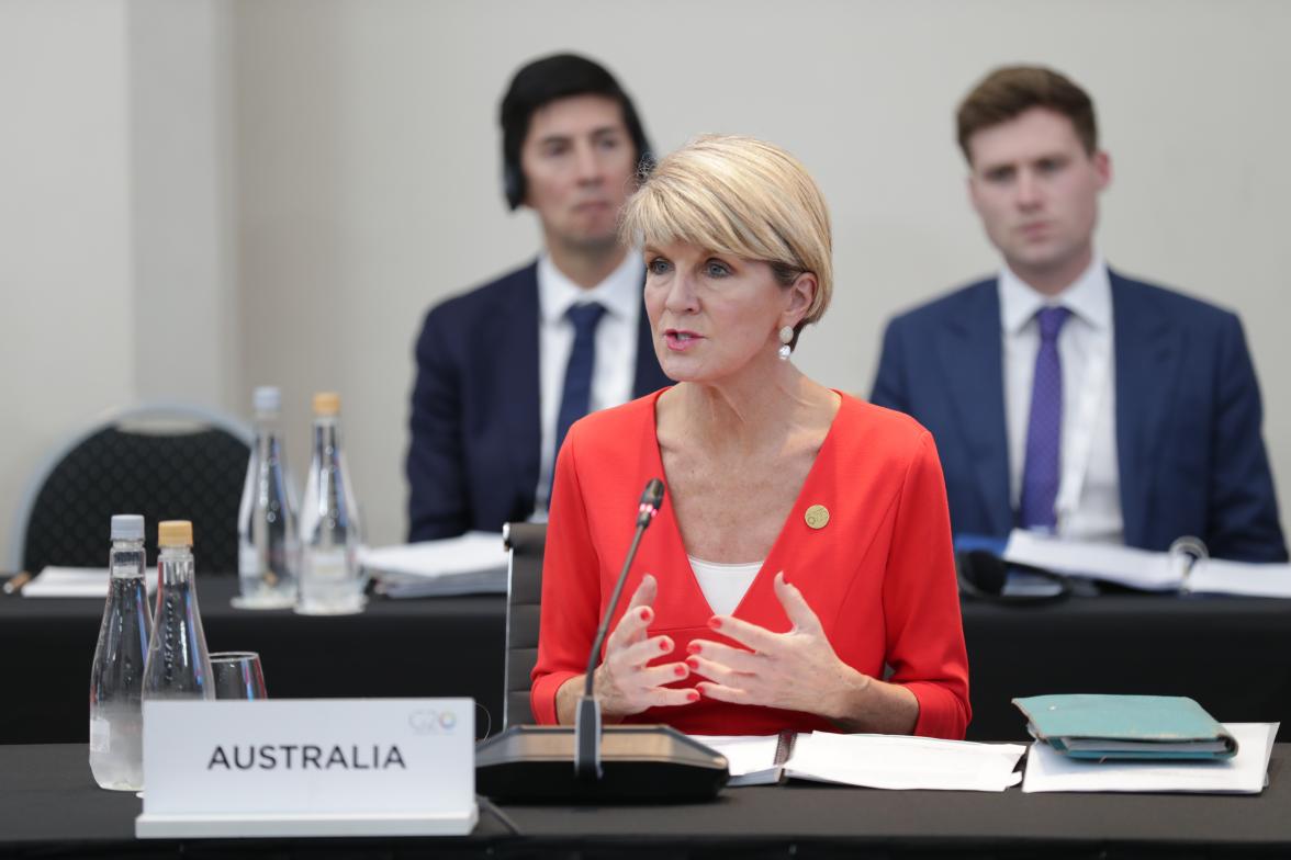 Foreign Minister Julie Bishop addresses her peer representatives during the plenary sessions of the G20 Meeting of Foreign Affairs Ministers in Buenos Aires, Argentina.