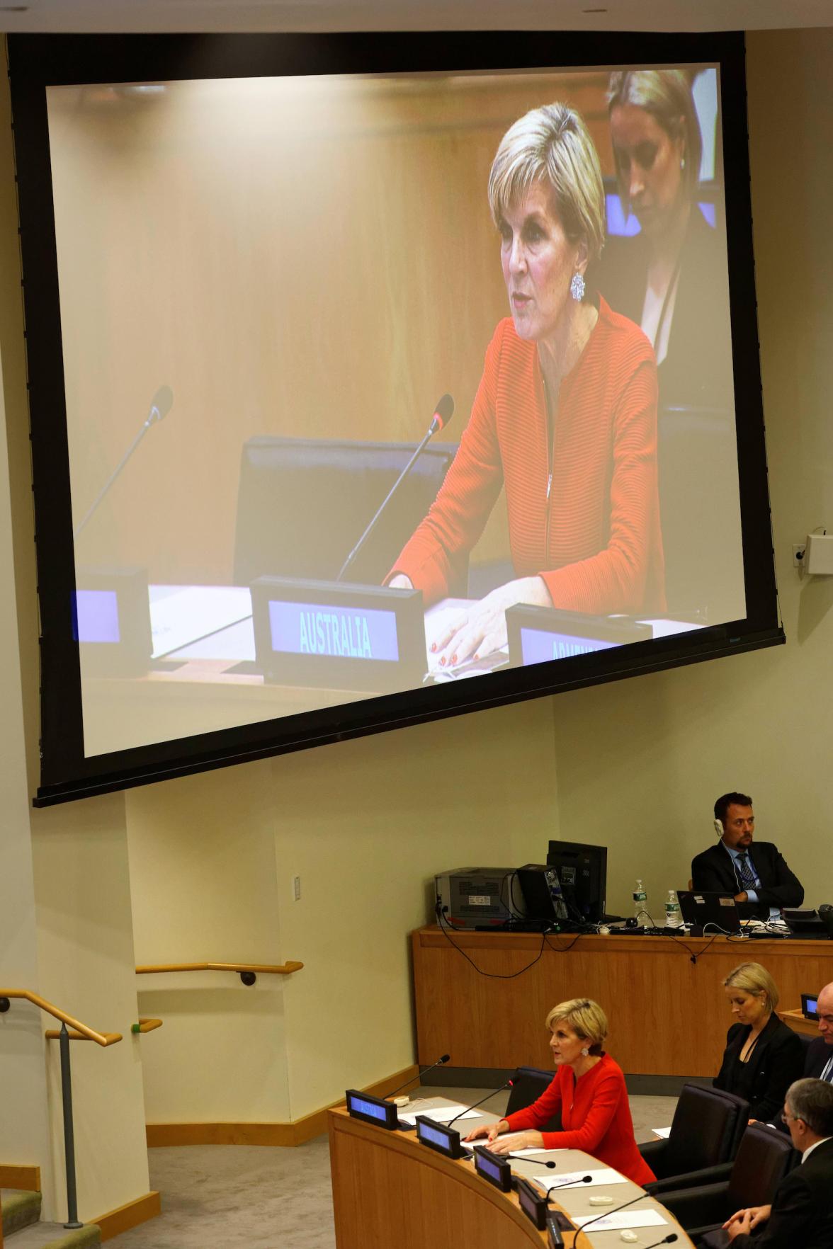 Australian Minister for Foreign Affairs Julie Bishop during the High-Level Dialogue on the Global Alliance to Eradicate Forced Labour, Modern Slavery, Human Trafficking and Child Labour in New York, Wednesday September 21, 2016.  photo by Trevor Collens/D