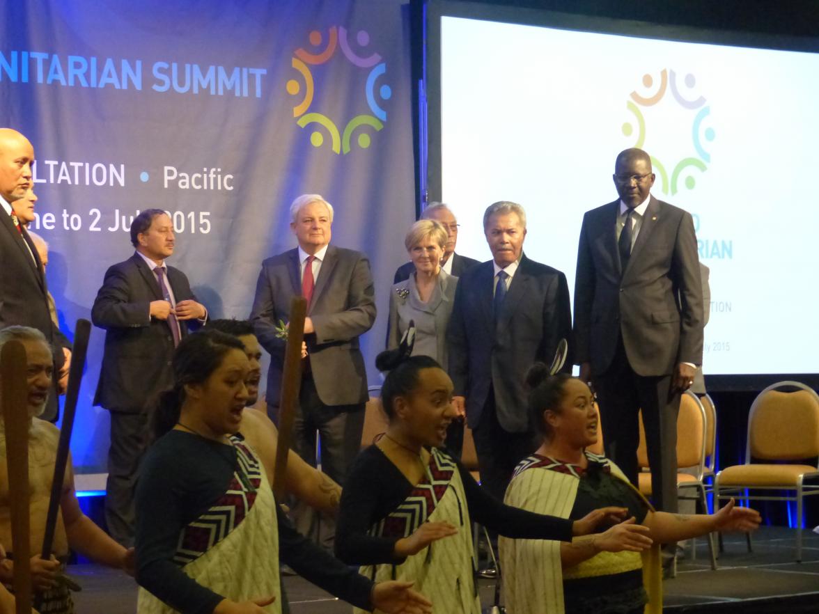 Australia's Foreign Minister Julie Bishop on stage during the Pōwhiri (Welcoming ceremony) of the World Humanitarian Summit Pacific Regional Consultation. 30 June 2015.