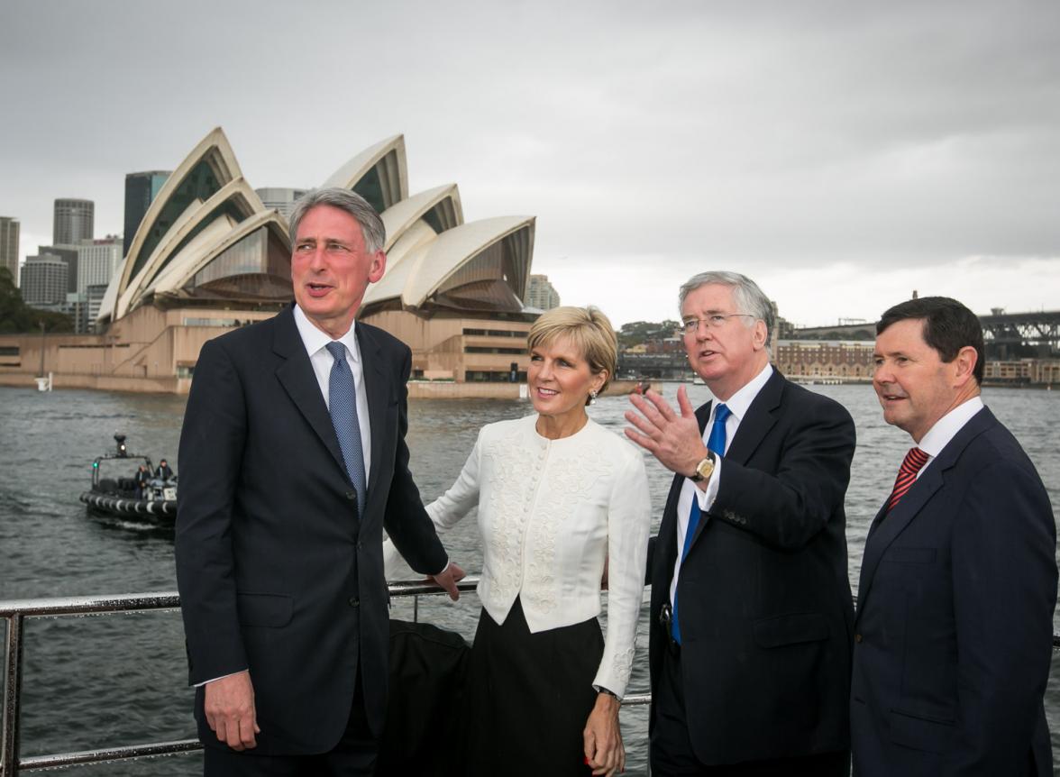 UK Foreign Secretary Philip Hammond, Foreign Minister Julie Bishop, UK Defence Secretary Michael Fallon and Defence Minister Kevin Andrews on the way to AUKMIN talks at Admiralty House. 2 February 2015.