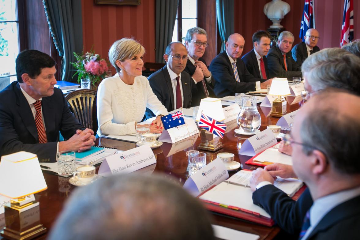 Foreign Minister Julie Bishop speaks at AUKMIN 2015 meetings at Admiralty House. 2 February 2015. 