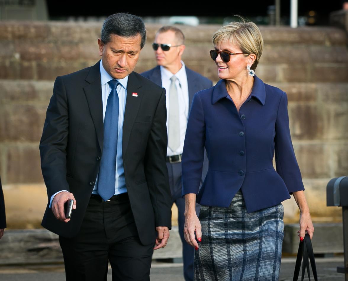 Foreign Minister Julie Bishop and Singapore’s Foreign Minister Vivian Balakrishnan arrive in Sydney for the Singapore-Australia Joint Ministerial Committee meeting 2016.