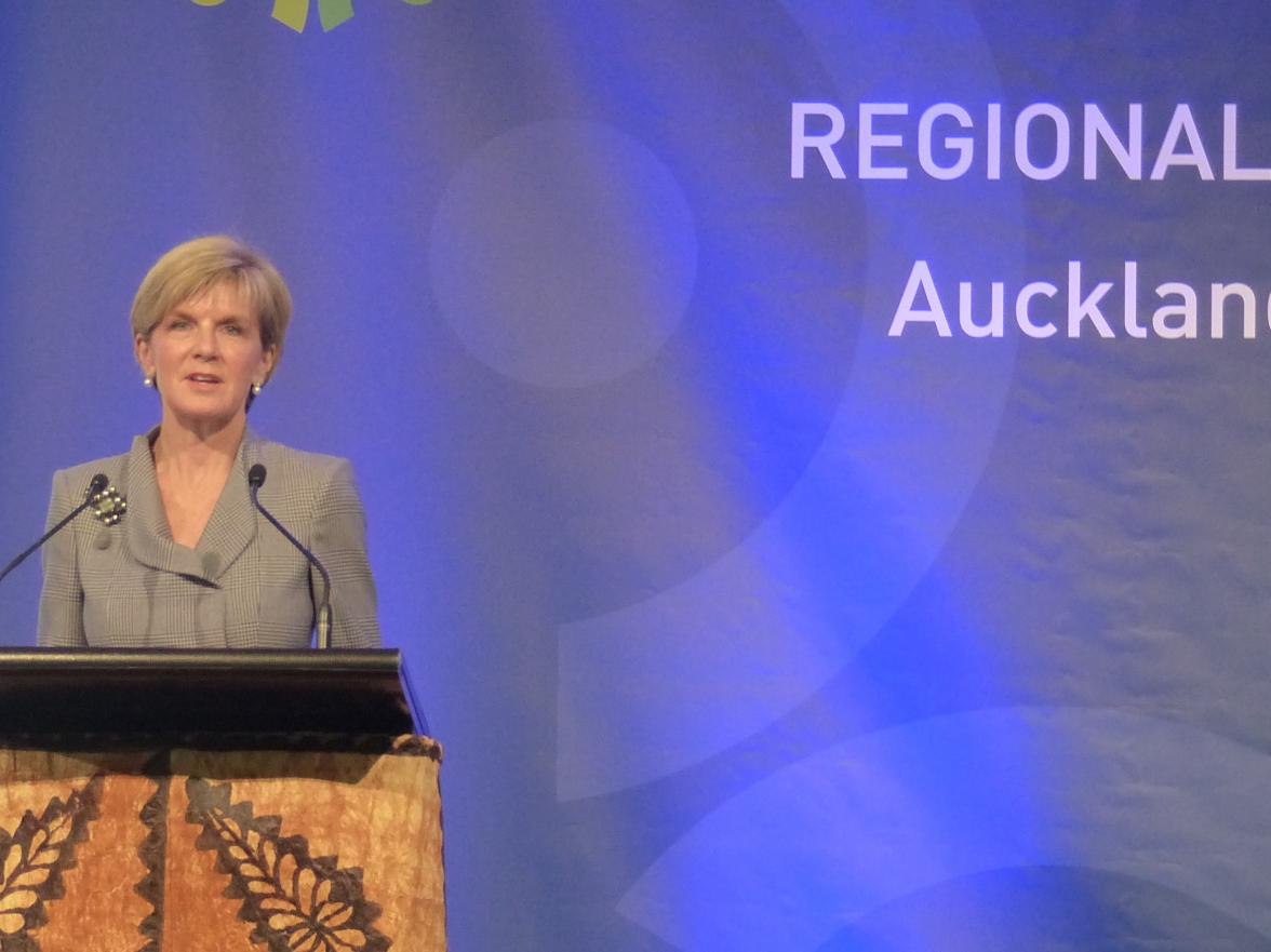 Australia's Foreign Minister Julie Bishop delivers opening remarks at the World Humanitarian Summit Pacific Regional Consultations in Auckland. 30 June 2015.