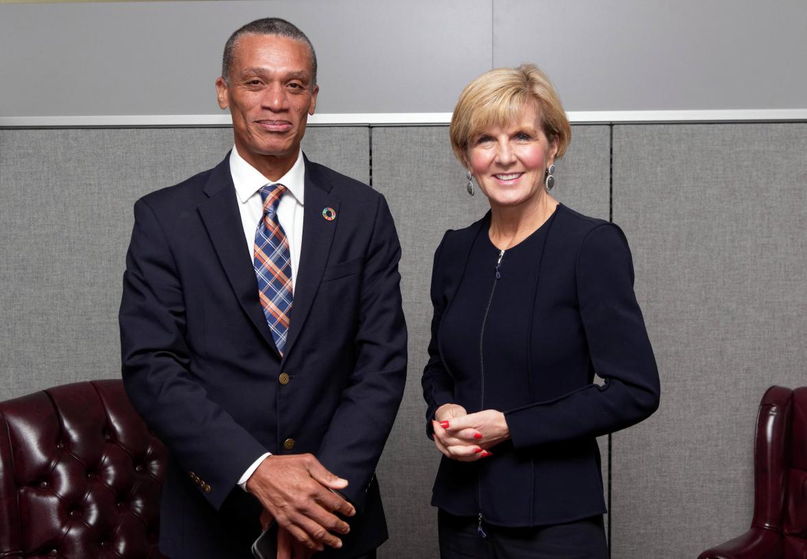 Australian Minister for Foreign Affairs Julie Bishop meeting with Senator Moses, Minister for Foreign & CARICOM Affairs of Trinidad and Tobago at UN Headquarters in New York, Friday September 23, 2016. photo by Trevor Collens/DFAT